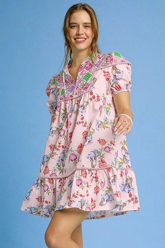 Floral Print Tie Neck Puff Sleeve Dress - Pink - product view 1