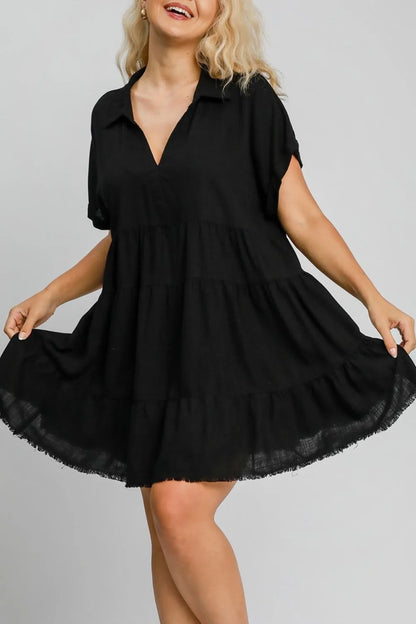 Full Size Raw Hem Folded Sleeve Tiered Dress Plus Size - Black - product view 2