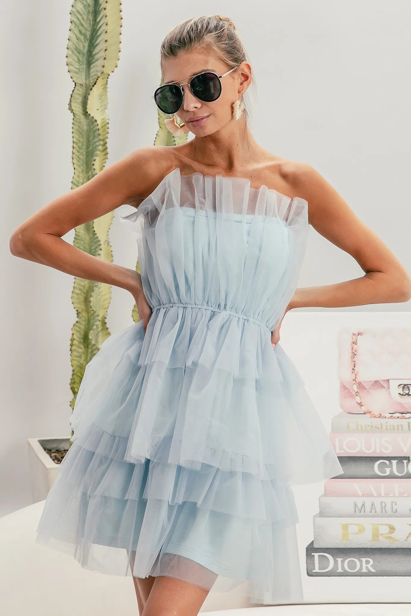 Sleeveless Layered Organza Dress in Sky Blue - product view 7