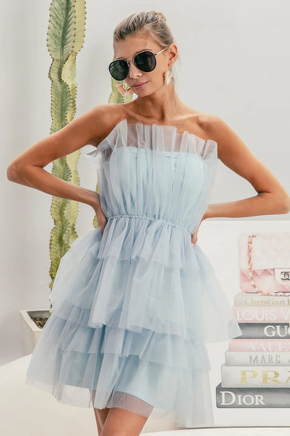 Sleeveless Layered Organza Dress in Sky Blue - product view 7