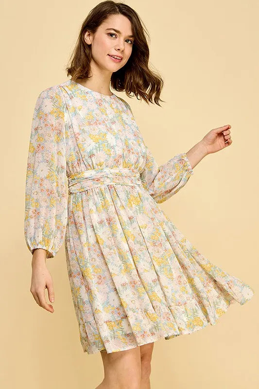 Chiffon Floral Print Belted Dress with Back Zipper - Blue Floral - product view 5
