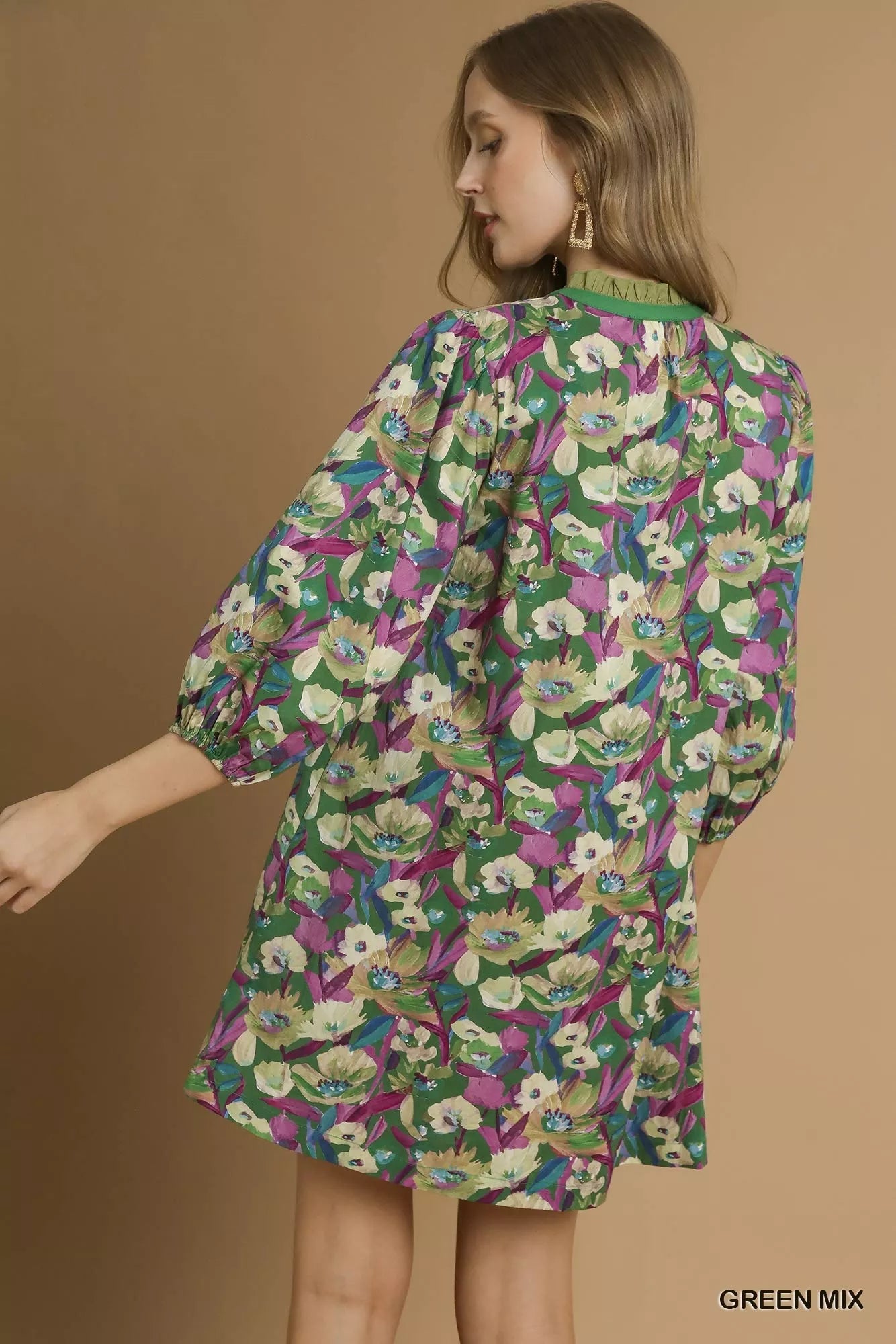 Boho Floral Balloon Sleeve Mini Dress in Green Mix - product view 4