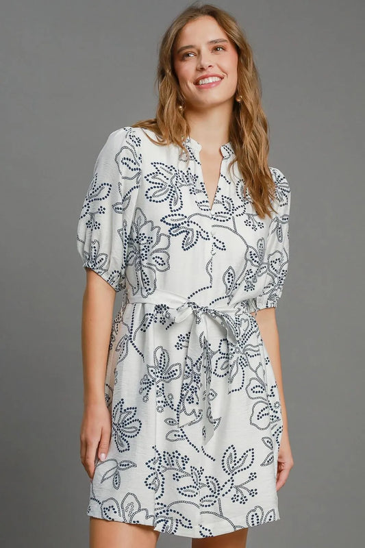Full Size Floral Print Notched Puff Sleeve Mini Dress Plus Size in Off White - product view 1