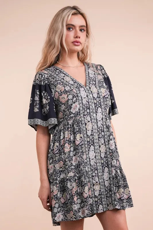 Shirring Detail Printed Woven Mini Dress in Navy Mix - product view 4