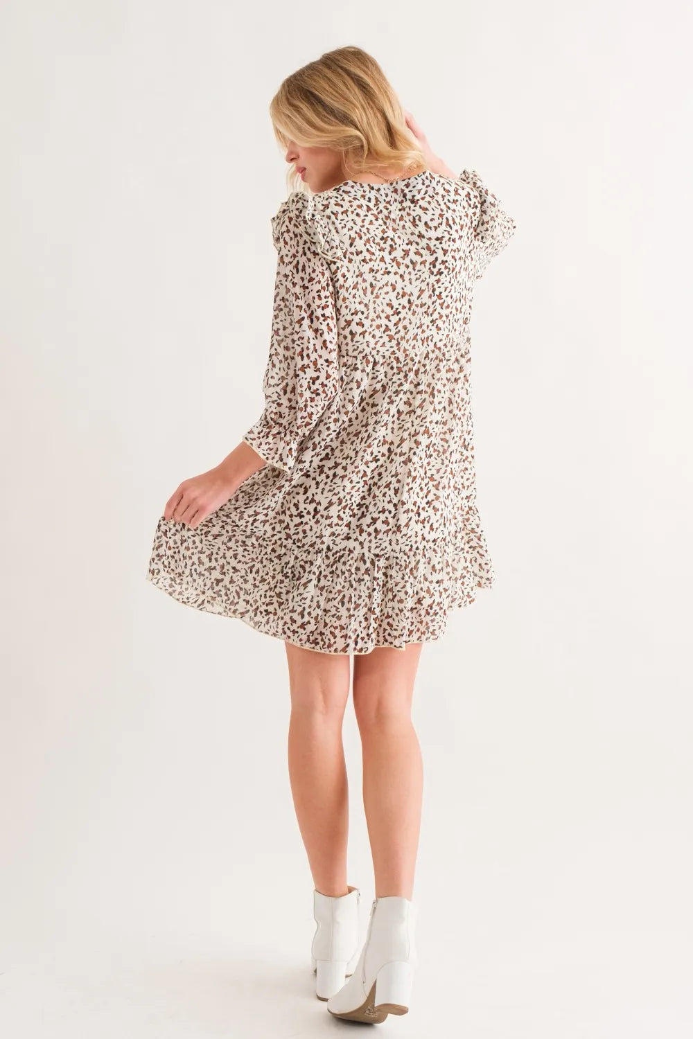 Leopard Ruffle Hem Woven Mini Dress in Ivory - product view 7
