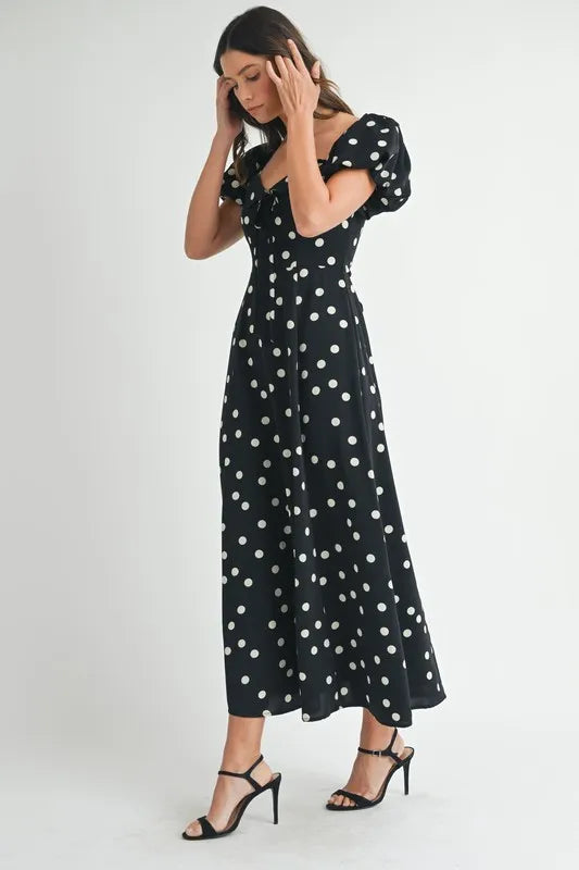 Polka Dot Puff Sleeve Midi Dress - Black - product view 7