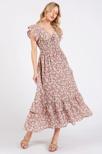 Flower Print Ruffle Cap Sleeve V-neck Midi Dress - Mauve - product view 1