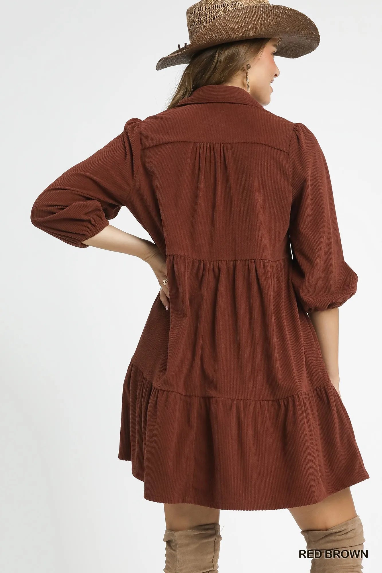 Tiered Corduroy Mini Dress with Balloon Sleeves - Red Brown - product view 4