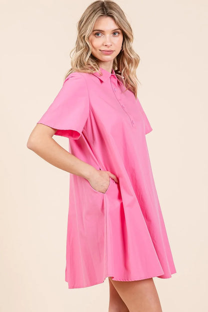 Poplin Collar Pleated Back Mini Dress in Pink - product view 2