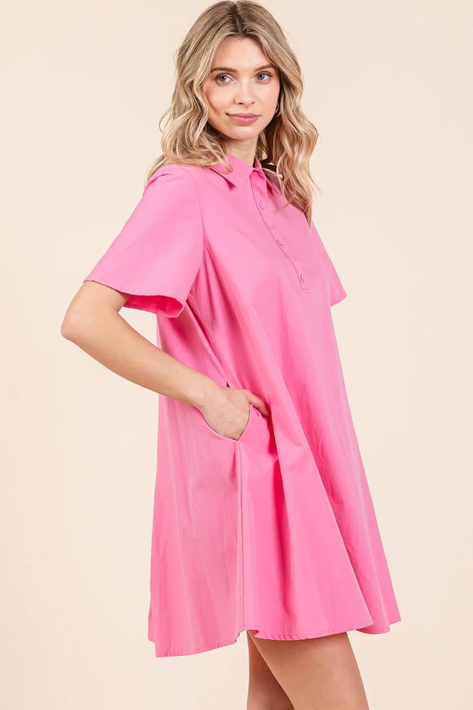 Poplin Collar Pleated Back Mini Dress in Pink - product view 2