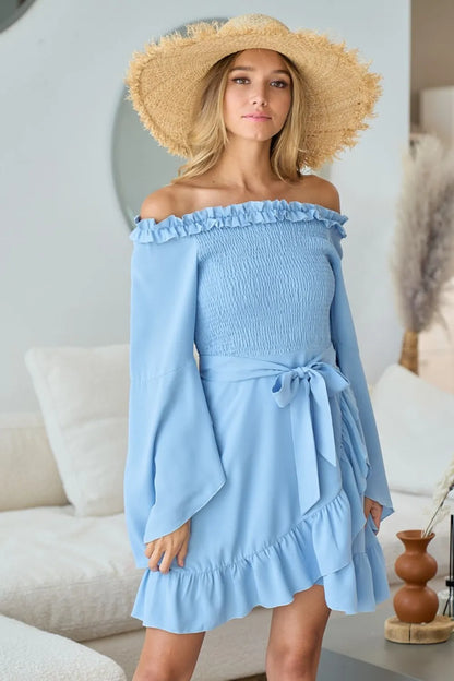 Smocked Ruffled Front Tie Mini Dress in Ice Blue - product view 5