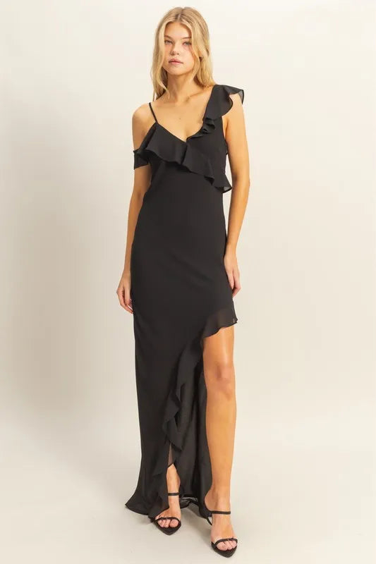 Chiffon Ruffle Trim Midi Dress - Black - product view 1