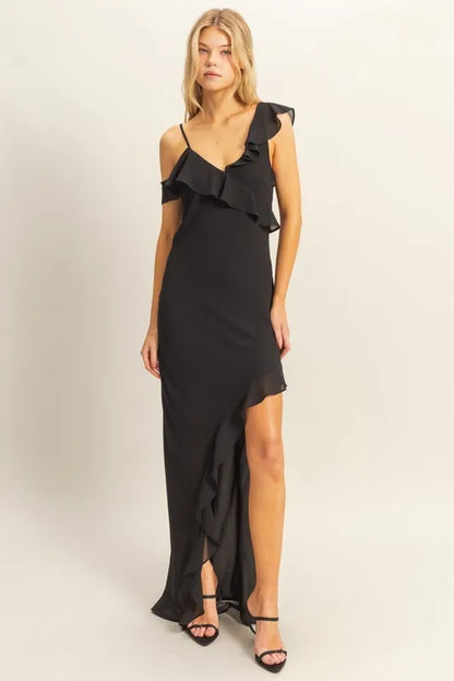 Chiffon Ruffle Trim Midi Dress - Black - product view 1