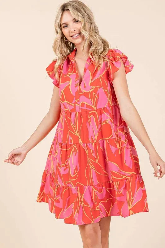 Leaf Print Ruffle Sleeve Tiered Mini Dress - Coral - product view 3