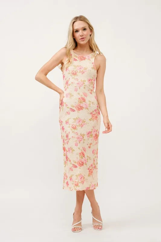 Floral Fishnet Bodycon Midi Dress in Multi - product view 1