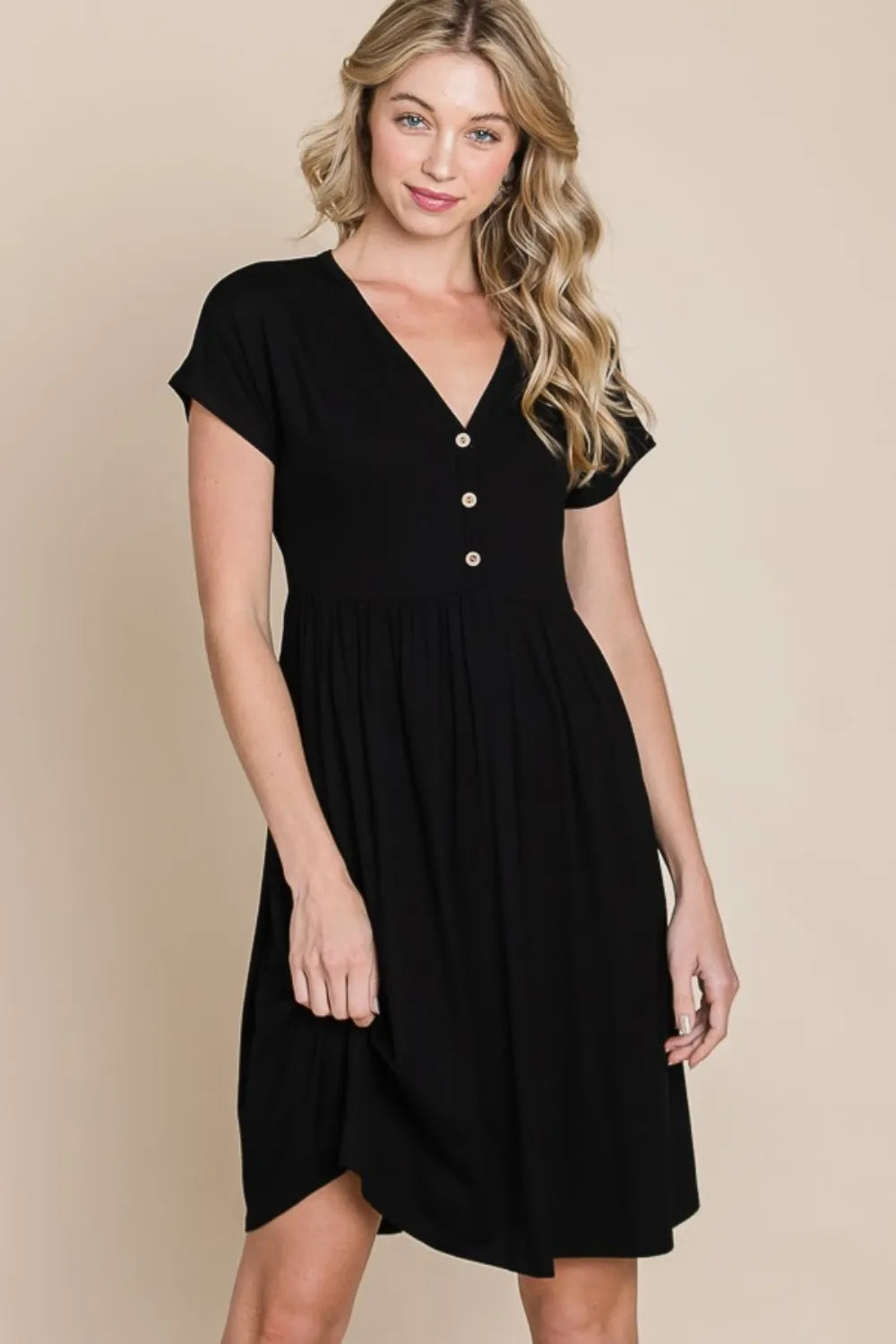 V-Neck Short Sleeve Dress - Black - BOMBOM - product view 3