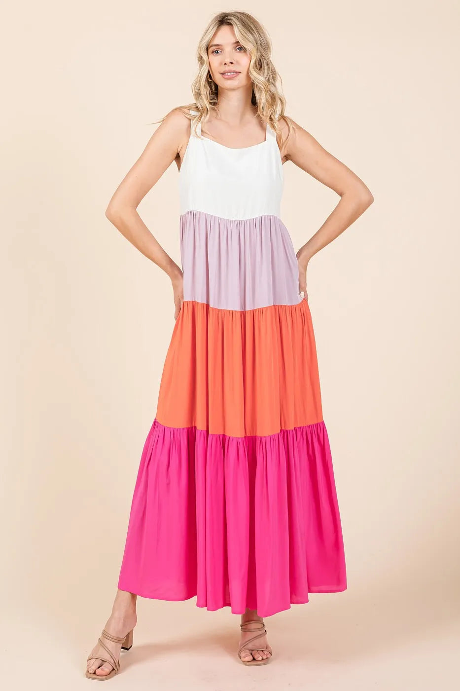 Color Block Tiered Pull-On Maxi Dress - Fuchsia Multi - product view 3