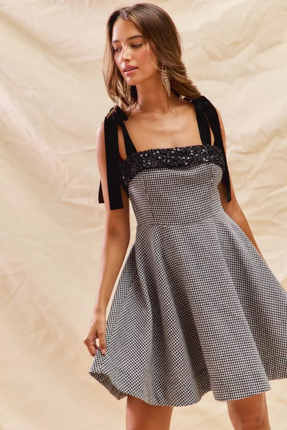 Houndstooth Fit Flare Mini Dress with Shoulder Tie in Black - product view 3