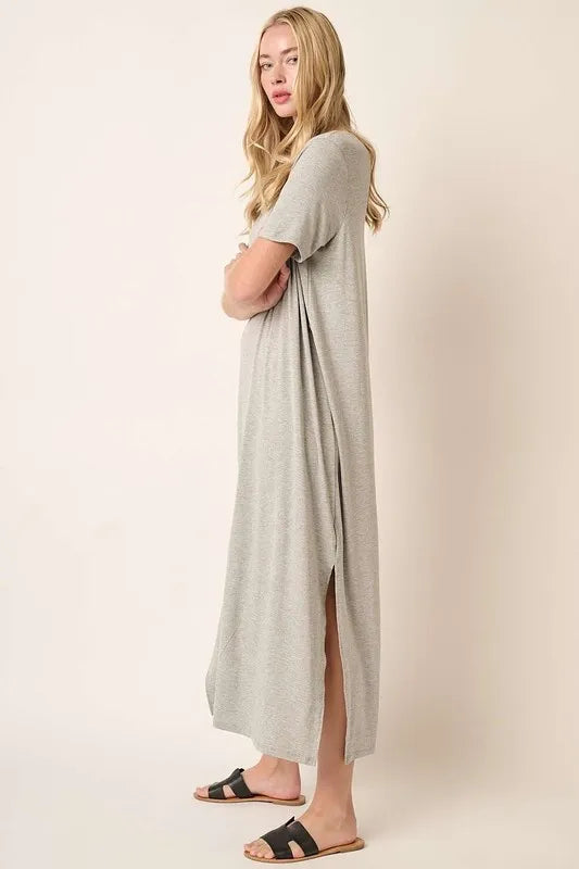 Side Slit Round Neck Short Sleeve Dress in Heather Grey - product view 5