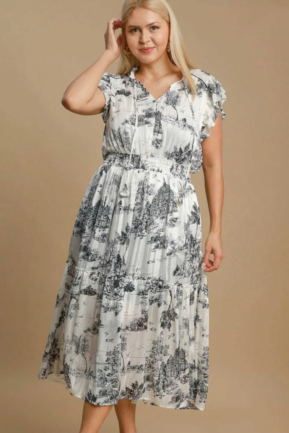 Full Size Two Tone Landscape Print Midi Dress Plus Size - Black - product view 2