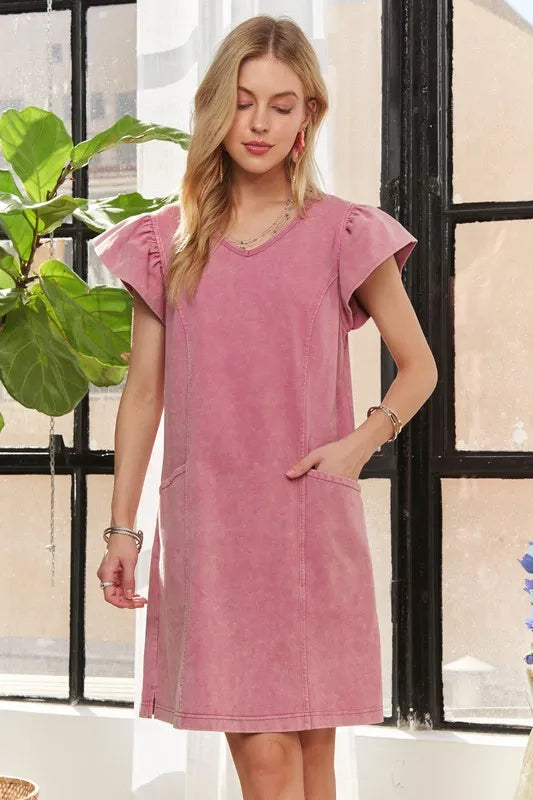 Mineral Washed V-Neck Ruffled Cap Sleeve Dress in Mauve - product view 3