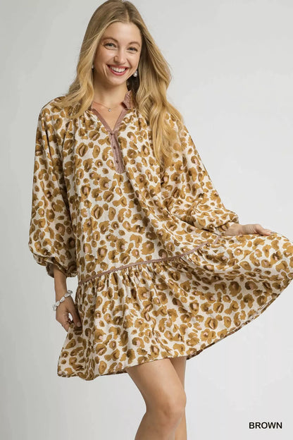 Leopard Print Tiered Mini Dress - Brown - product view 1