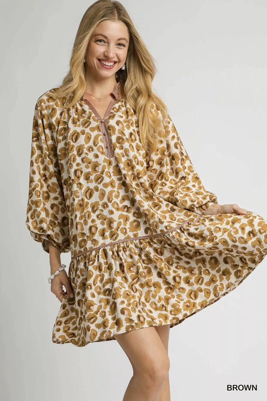 Leopard Print Tiered Mini Dress - Brown - product view 1