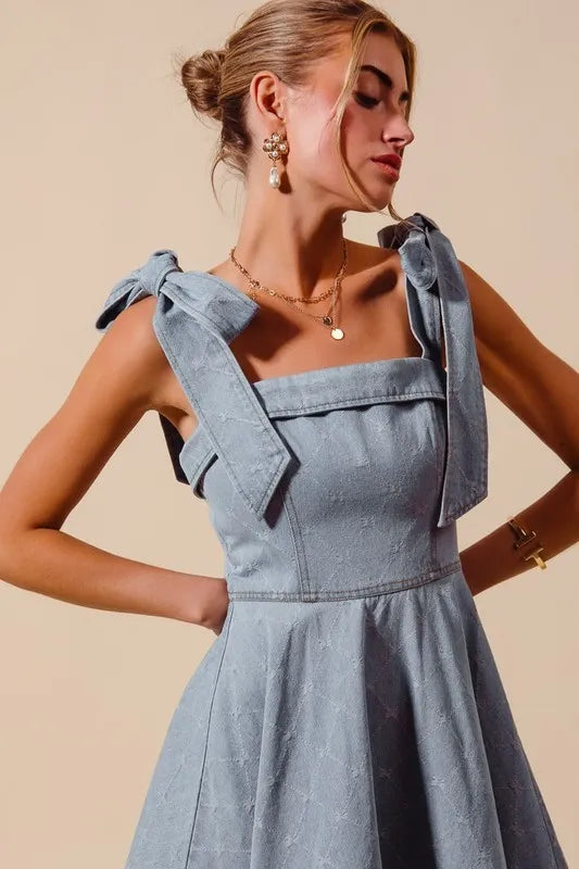 A Line Fit and Flare Diamond Bow Ribbon Denim Dres in Lt Denim - product view 10