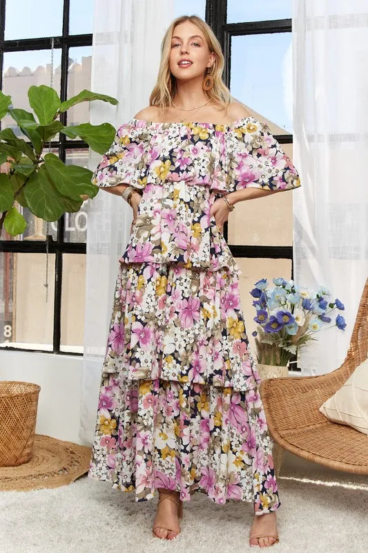 Layered Floral Off-Shoulder Short Sleeve Maxi Dress - Mauve - product view 6