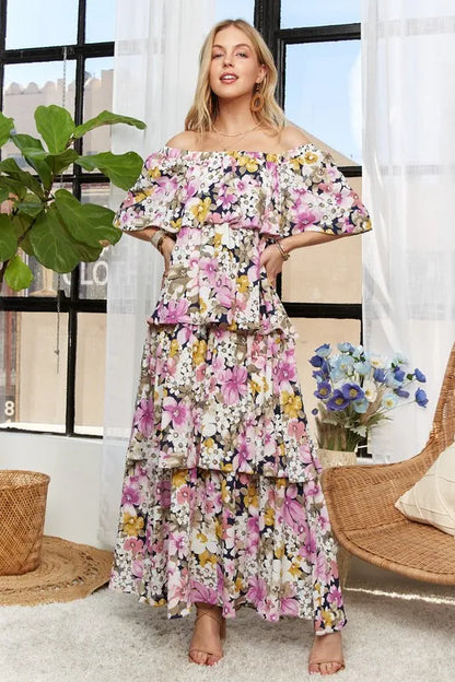Layered Floral Off-Shoulder Short Sleeve Maxi Dress - Mauve - product view 6