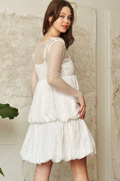 Checker Print Side Pockets Textured Mini Dress in White - product view 7