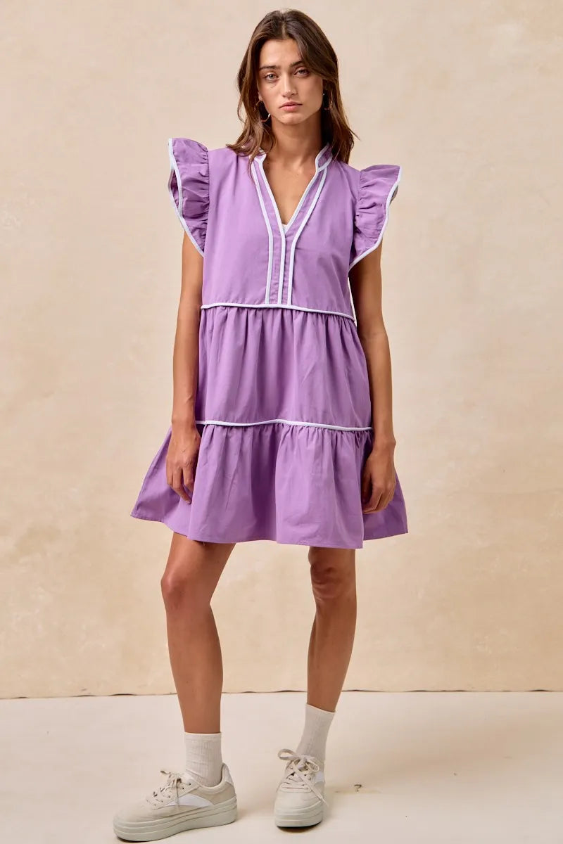 Gameday Theme Contrast Binding Ruffled Dress - Purple - product view 12