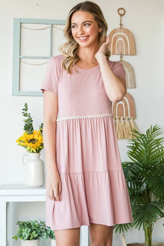 Full Size Solid Mini Tiered Dress with Pompom Lace Plus Size in Dusty Rose - product view 4