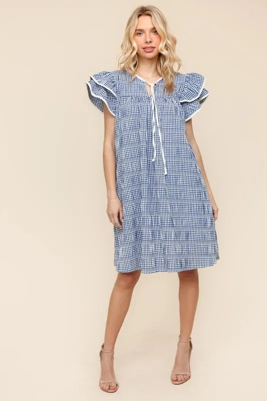 Double Ruffle Sleeve Dress with Side Pockets in Navy - product view 5