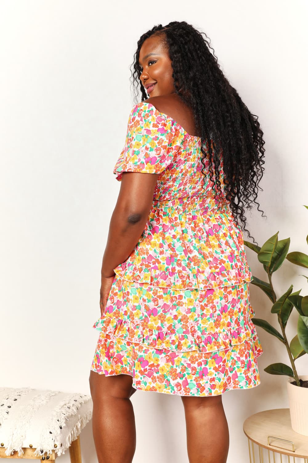 Smocked Sweetheart Neck Flounce Sleeve Mini Dress in Strawberry - product view 11