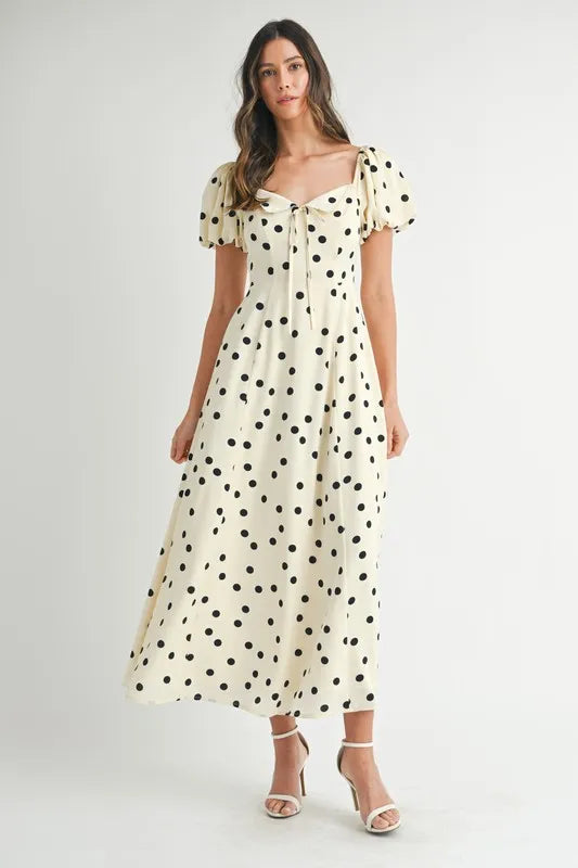 Polka Dot Puff Sleeve Midi Dress - Cream - product view 4