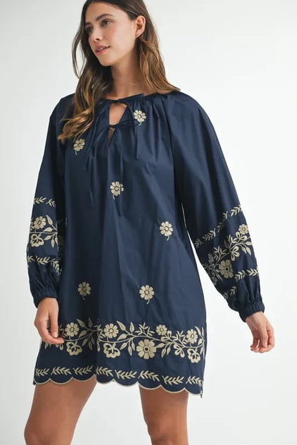 Embroidered Long Sleeve Peasant Mini Dress in Navy - product view 2