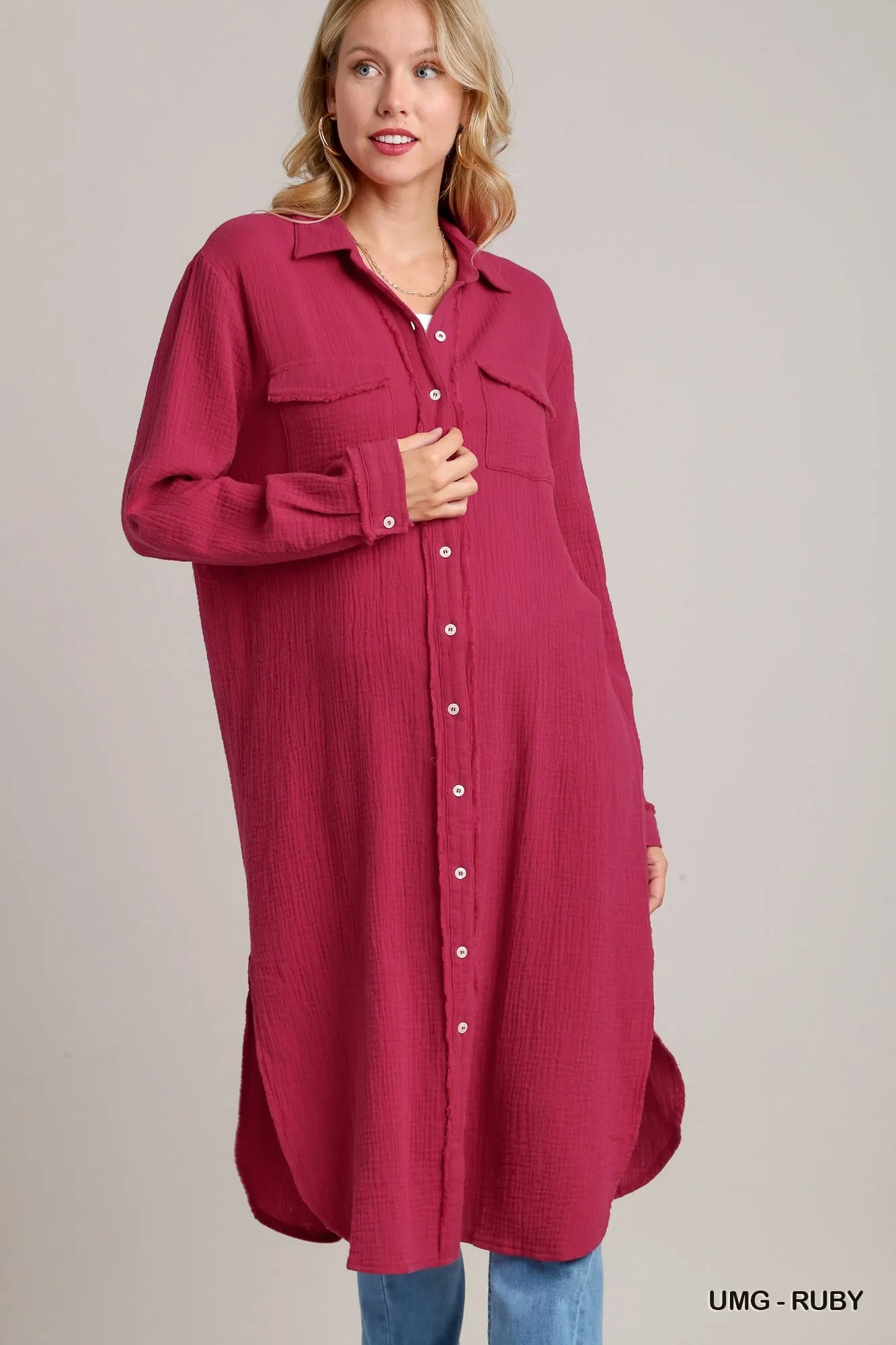 Cotton Gauze Button Down Shirt Dress in Umg-Ruby - product view 1
