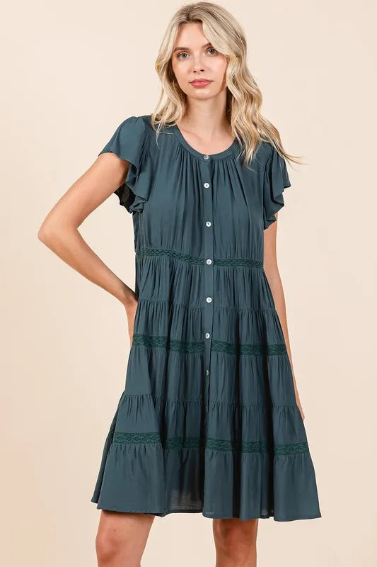 Lace Detail Ruffled Button Down Tiered Dress - Deep Teal - product view 1