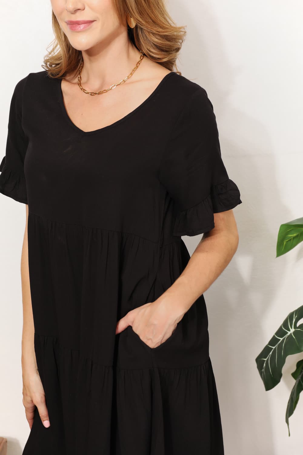 V-Neck Flounce Sleeve Tiered Dress in Dark Blue and Black - product view 17
