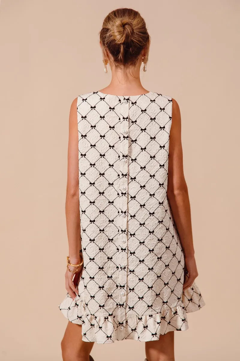 Texture Bow Printed Mini Ruffle Dress in Ivory - product view 2