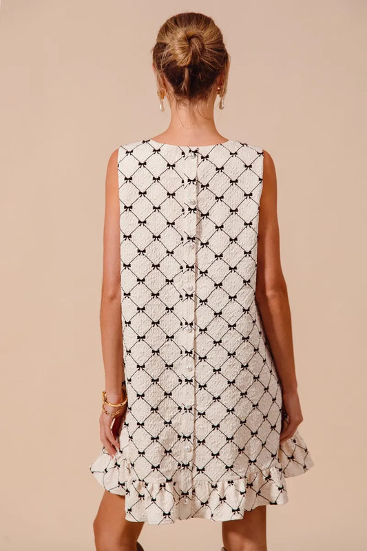 Texture Bow Printed Mini Ruffle Dress in Ivory - product view 2