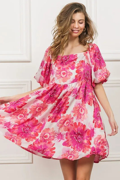 Floral Square Neck Puff Sleeve Mini Dress in Hot Pink - product view 1