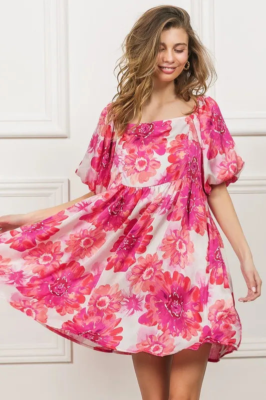 Floral Square Neck Puff Sleeve Mini Dress in Hot Pink - product view 1