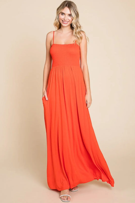 Full Size Smocked Cami Maxi Dress with Pockets - Scarlet - product view 1