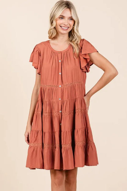 Lace Detail Ruffled Button Down Tiered Dress - Pumpkin - product view 3