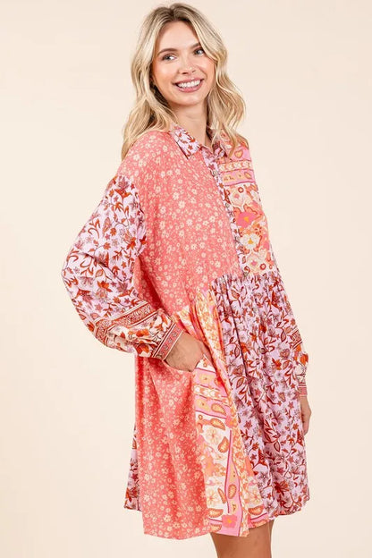 Floral Button Detail Long Sleeve Shirt Dress in Coral Pink - product view 4