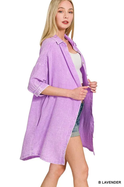 Washed Double Gauze Button Down Shirt Dress - B Lavender - product view 3