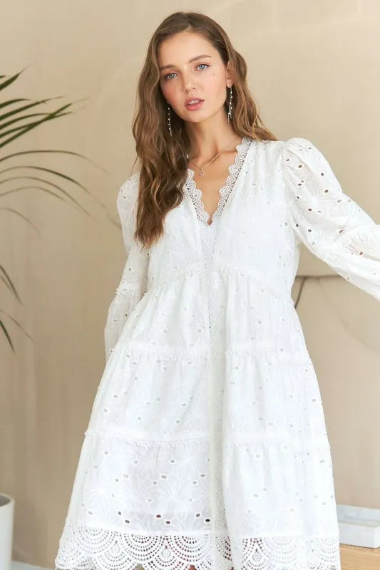 Lace Detail Tiered Eyelet V-Neck Babydoll Dress in White - product view 1