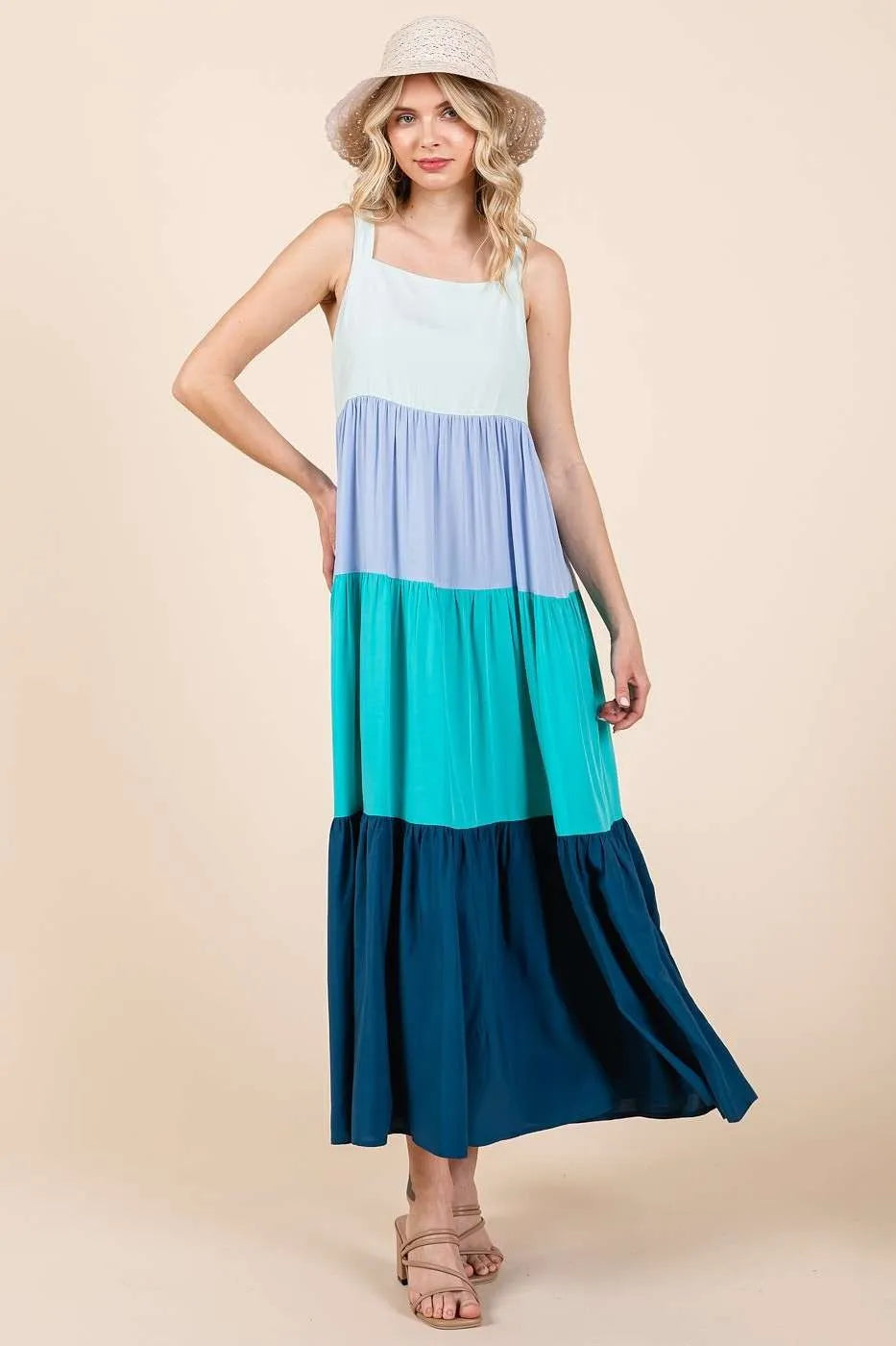 Color Block Tiered Pull-On Maxi Dress - Blue Multi - product view 4